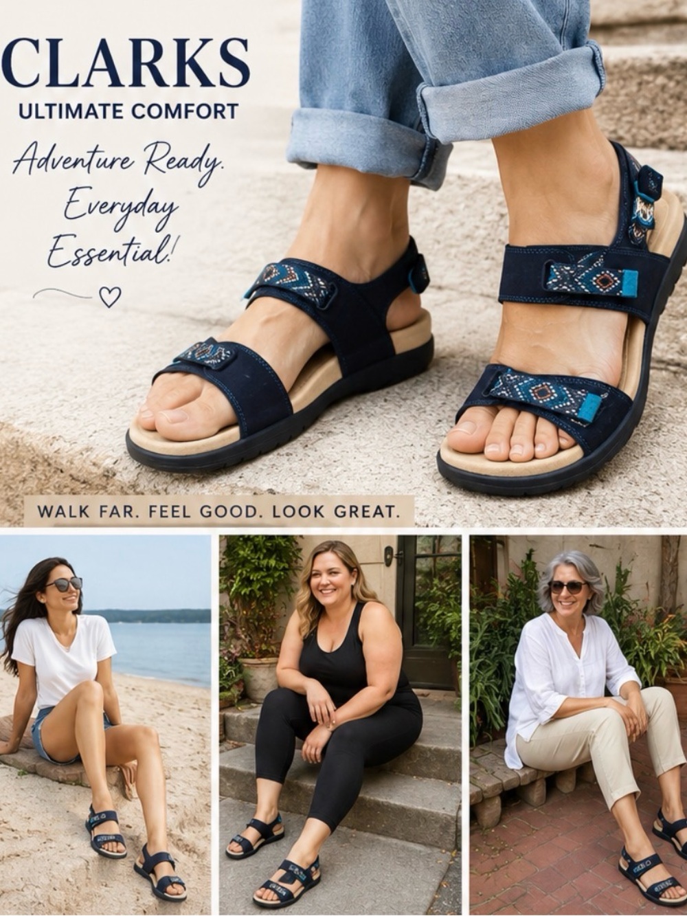 Clarks Women's Navy and Tan Adjustable Comfort Sandals